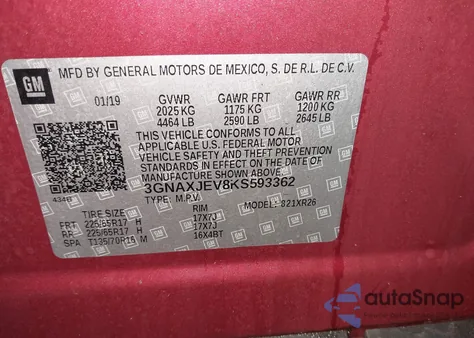 2019 Chevrolet Equinox Lt from USA, damaged, VIN 3GNAXJEV8KS593362